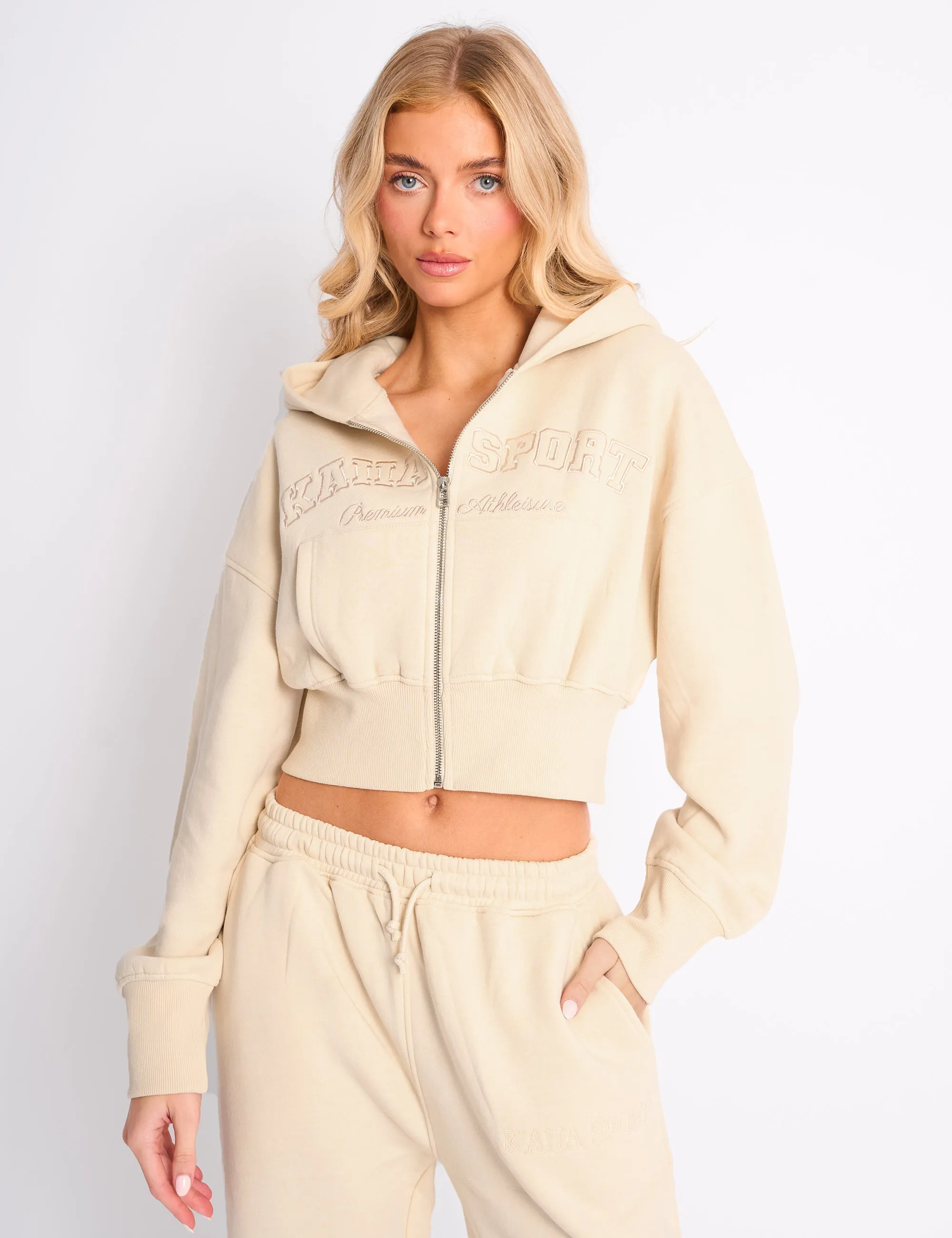 Kaiia Sport Logo Cropped Zip Up Hoodie Buttercream