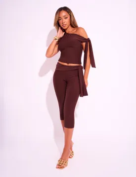 Knot Detail Tie Side Luxe Slinky Capri Pants Chocolate