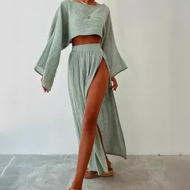 Linen Blended Cropped Top High Waist Slit Two-piece Suit