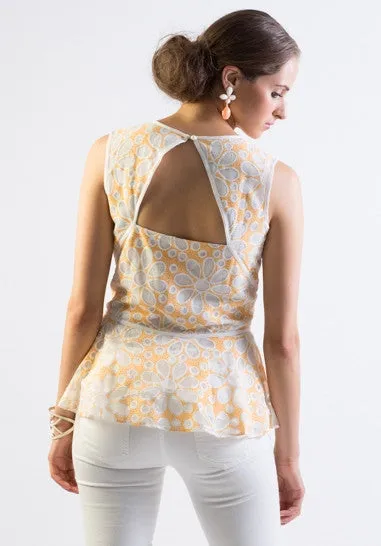 Peplum floral lace, open back blouse