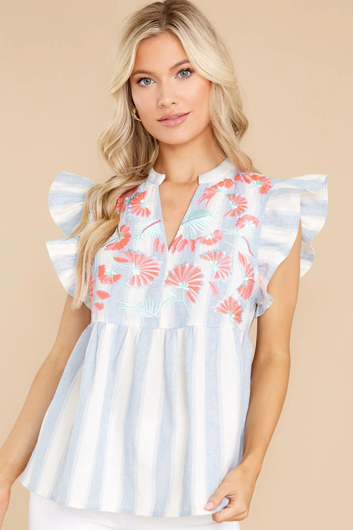 Plaza Promenade Blue And White Stripe Embroidered Top