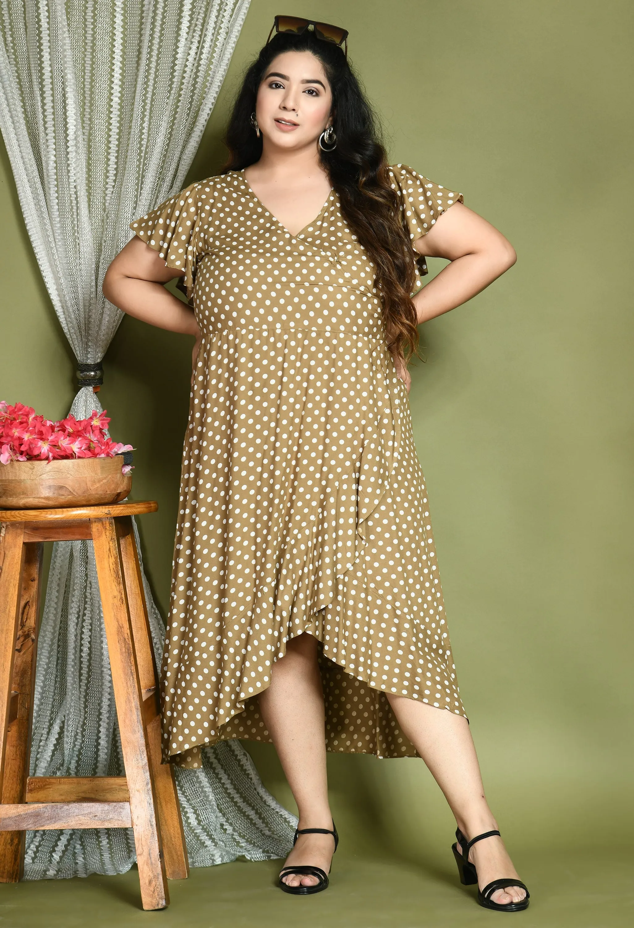 Plus Size Plus Size Beige Polka Dots Wrap Dress