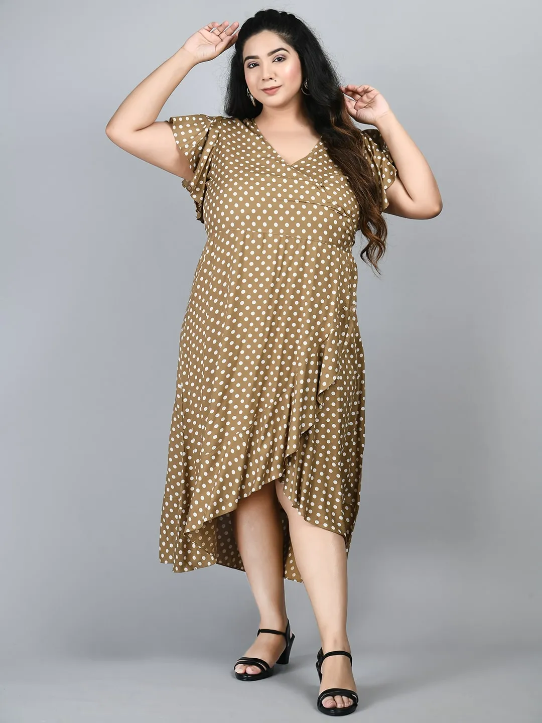 Plus Size Plus Size Beige Polka Dots Wrap Dress