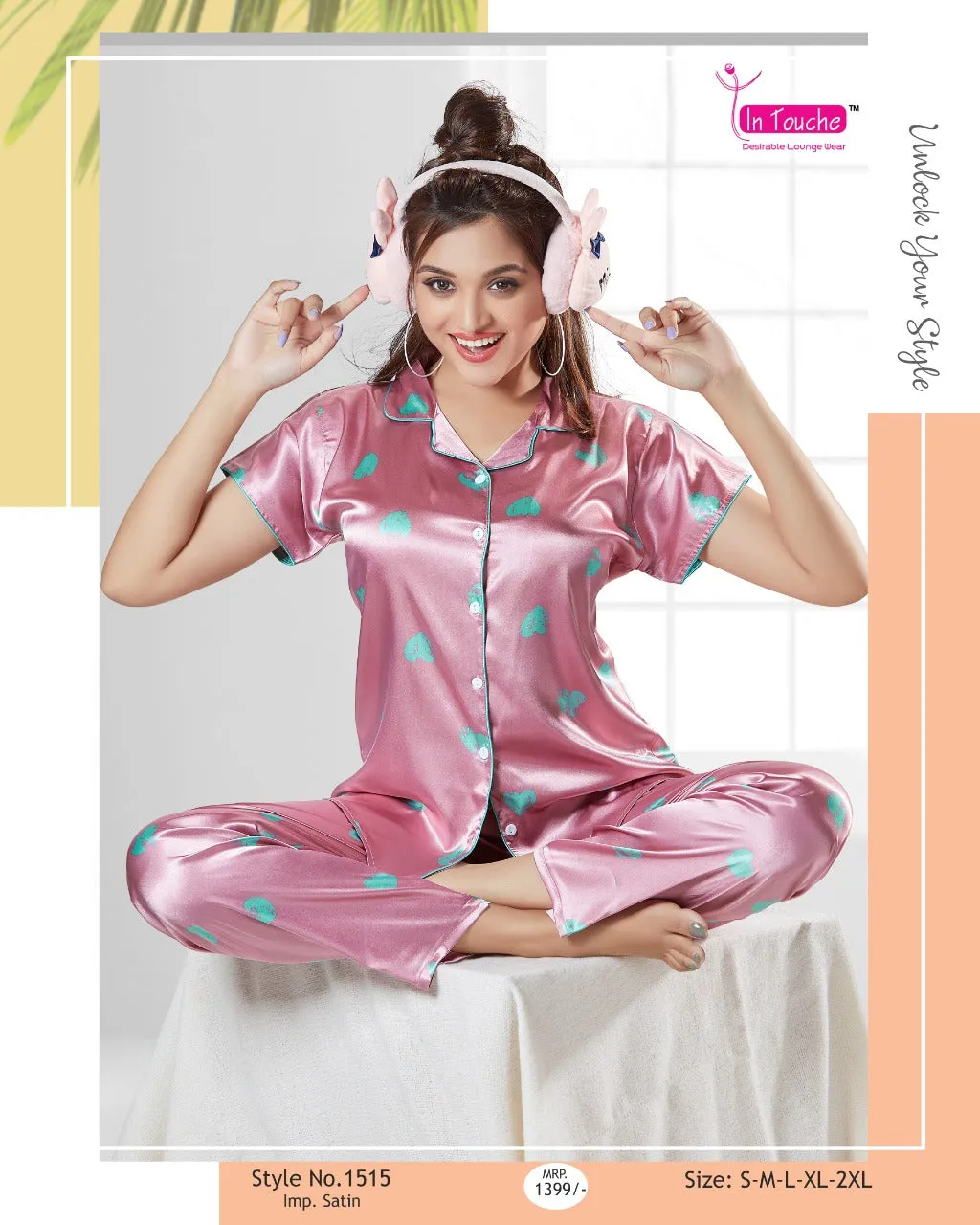 Printed Pink Satin Night Suit Set for Ladies