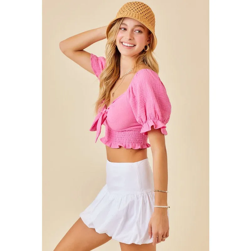 Puff Sleeve Tie Front Gauze Top