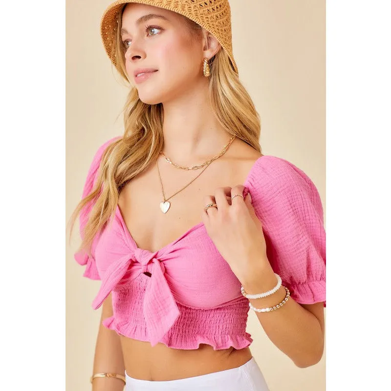 Puff Sleeve Tie Front Gauze Top