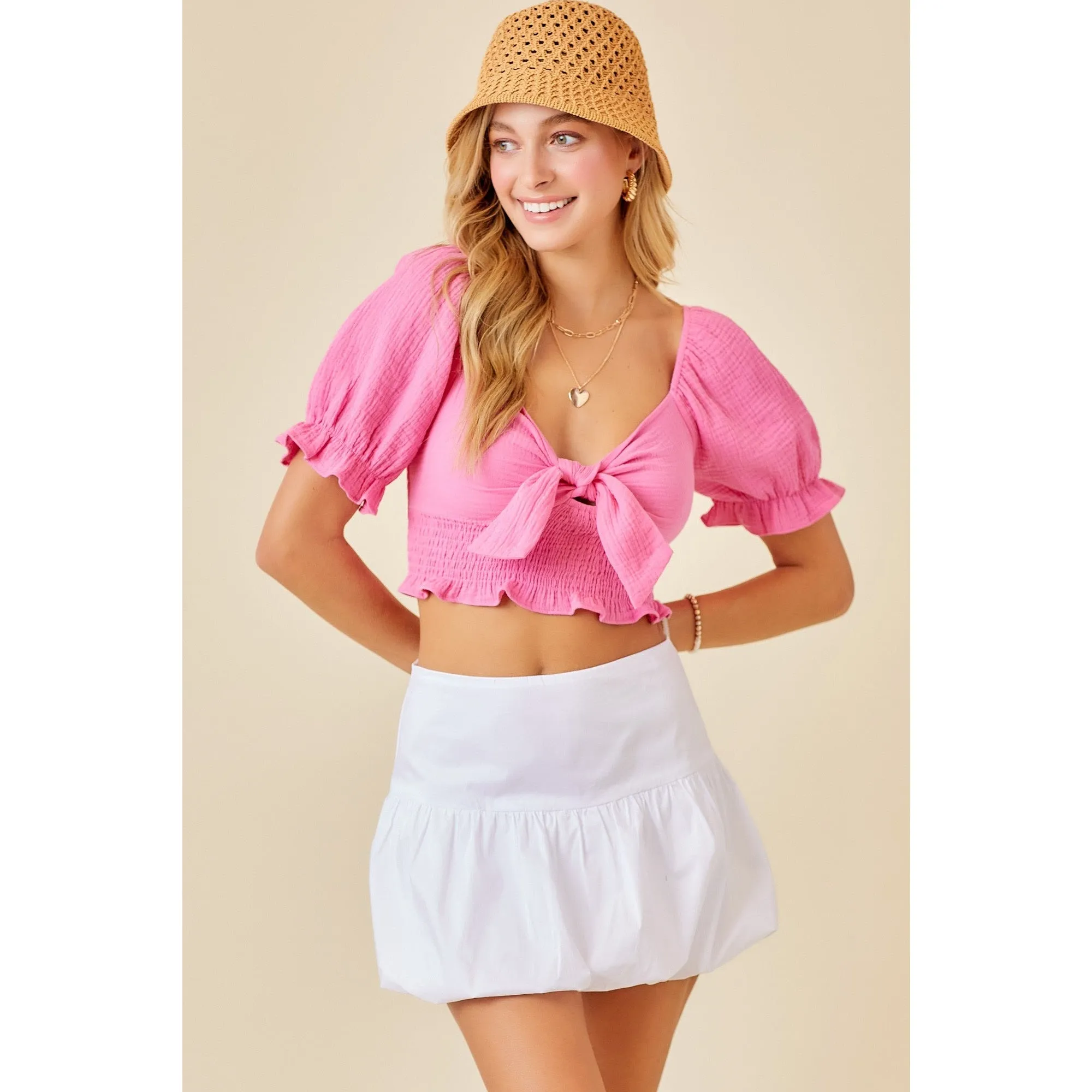 Puff Sleeve Tie Front Gauze Top