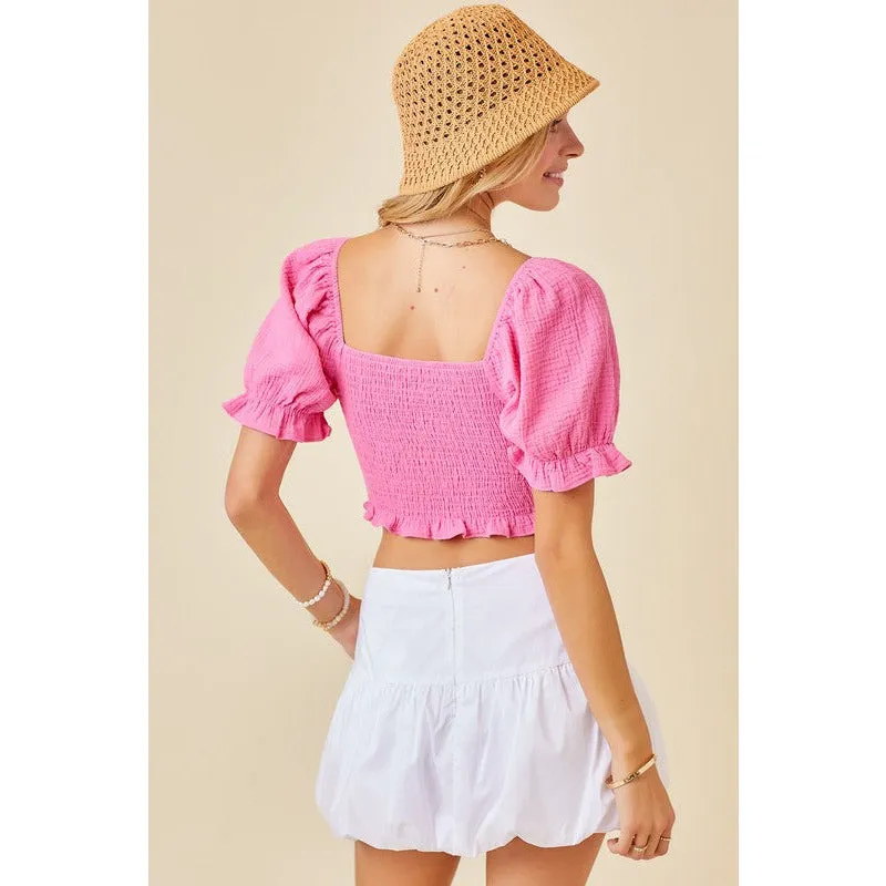 Puff Sleeve Tie Front Gauze Top