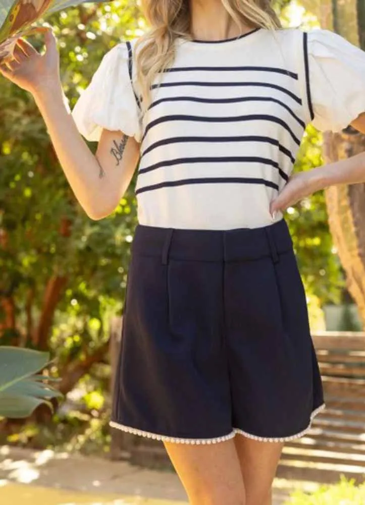 Pull On Shorts with Pearl Hem Detail in Navy by Voy