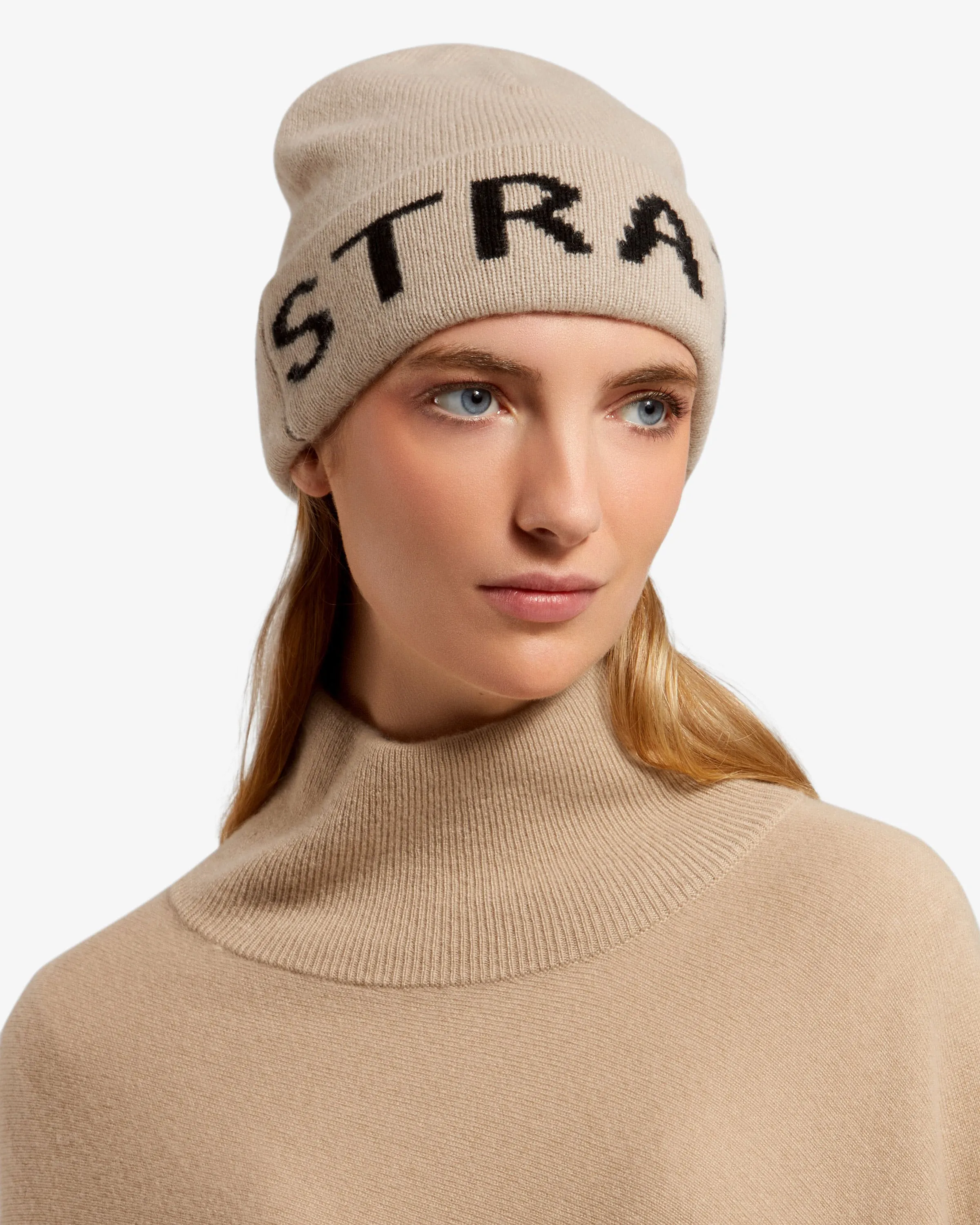 Pure Cashmere Logo Beanie - Camel/Black