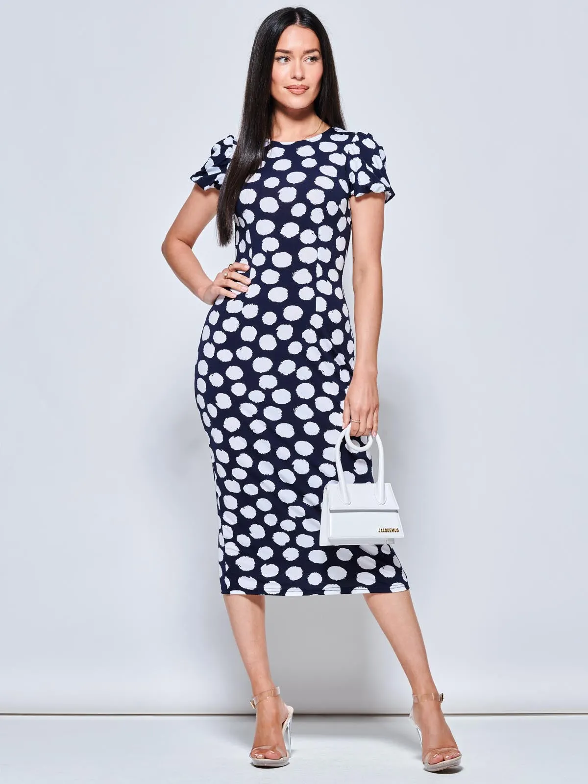 Short Sleeve Jersey Bodycon Midi Dress, Navy Polka Dot