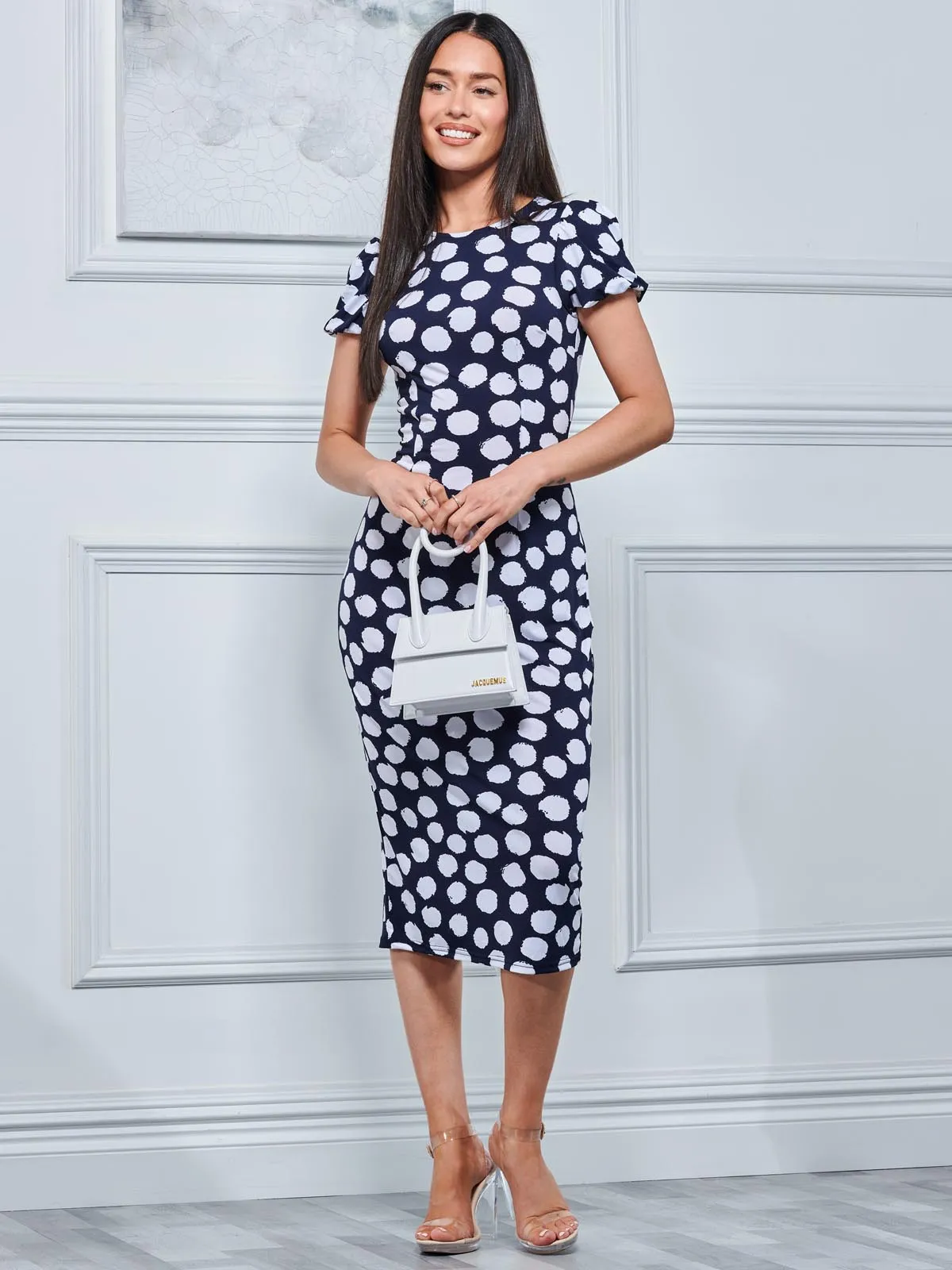 Short Sleeve Jersey Bodycon Midi Dress, Navy Polka Dot