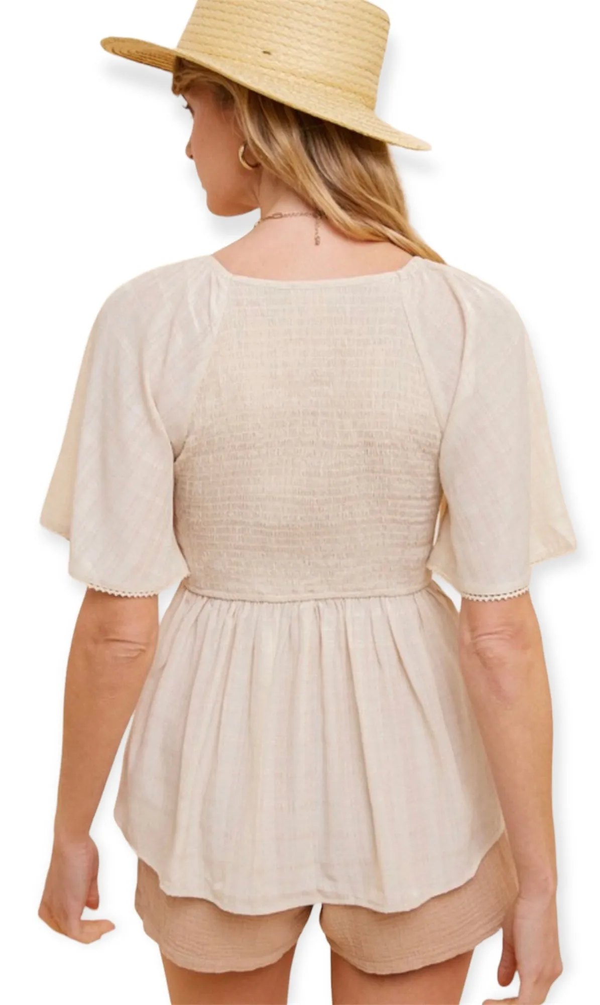 Smocked Peplum Textured Top