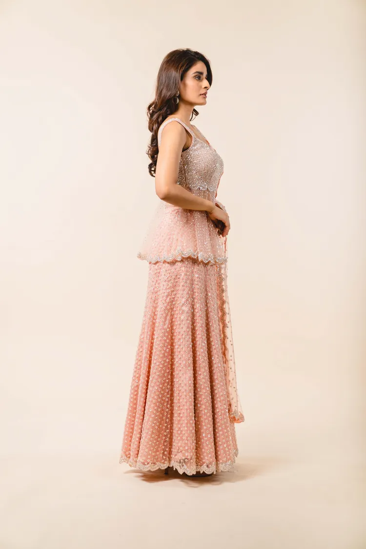 Soft Rose Pink Tulle Peplum Sharara Set