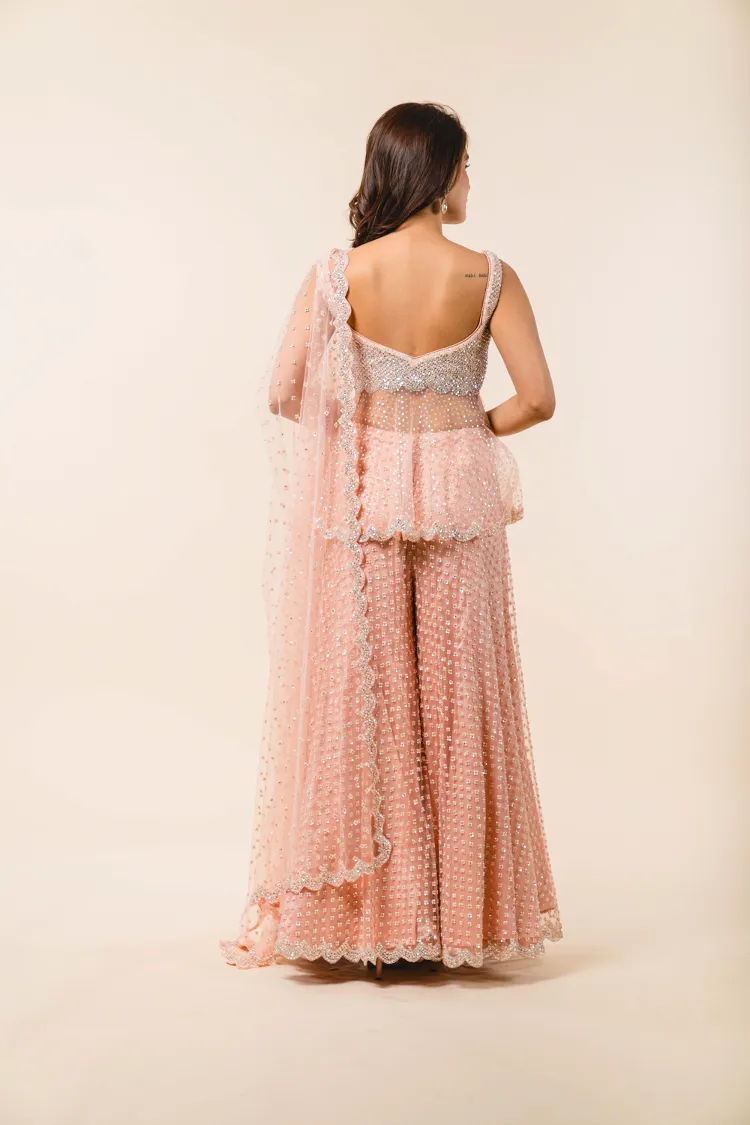 Soft Rose Pink Tulle Peplum Sharara Set