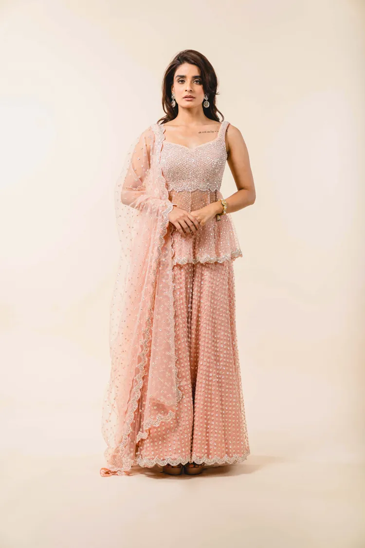 Soft Rose Pink Tulle Peplum Sharara Set