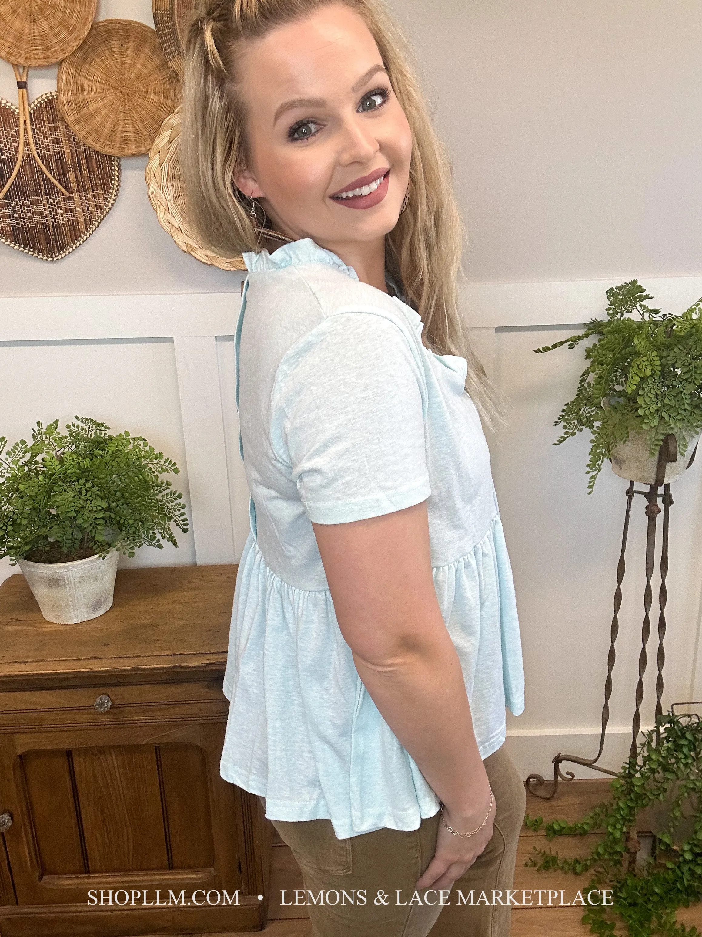 Summer Frills Button Back Blue Top