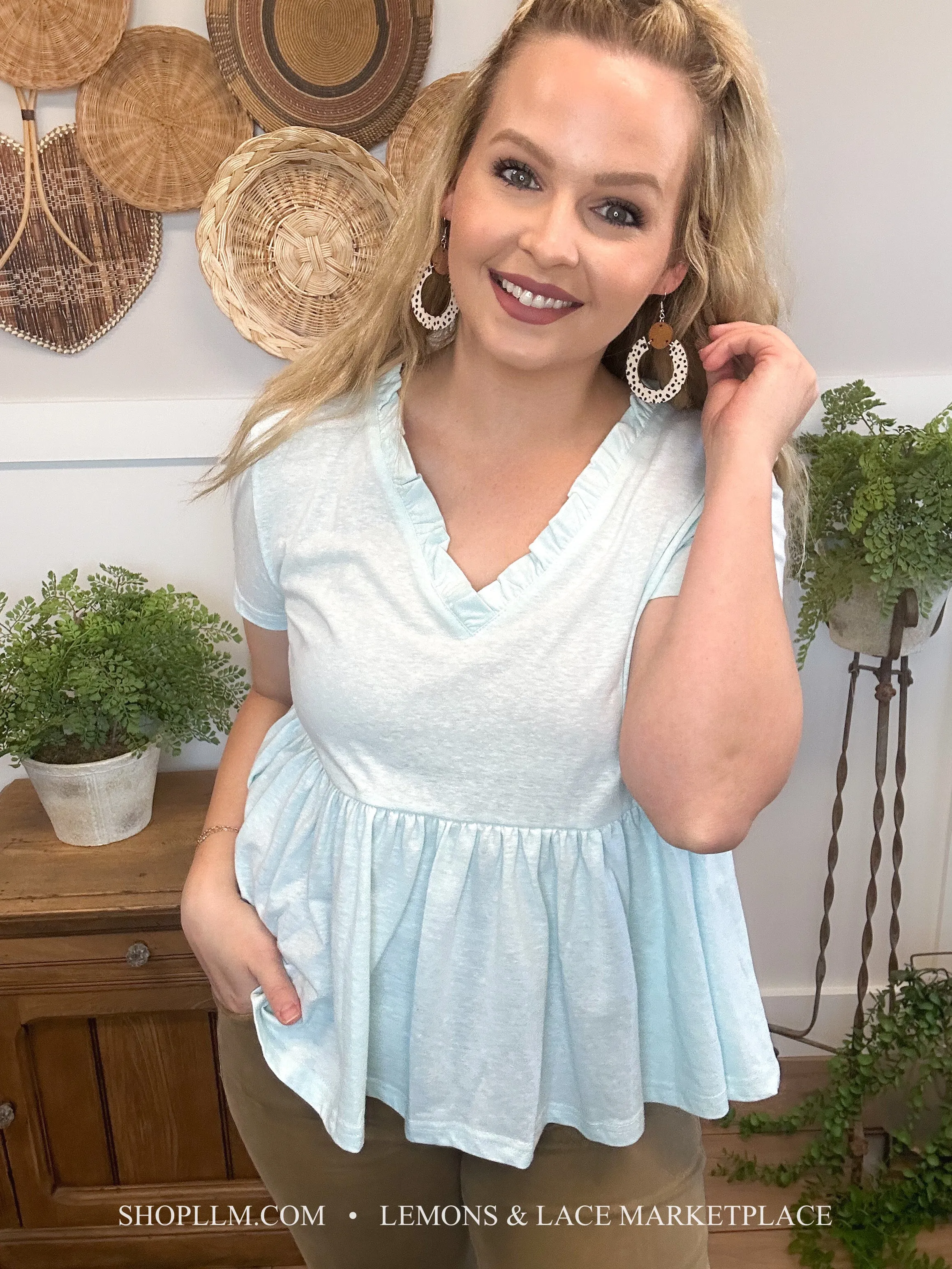 Summer Frills Button Back Blue Top