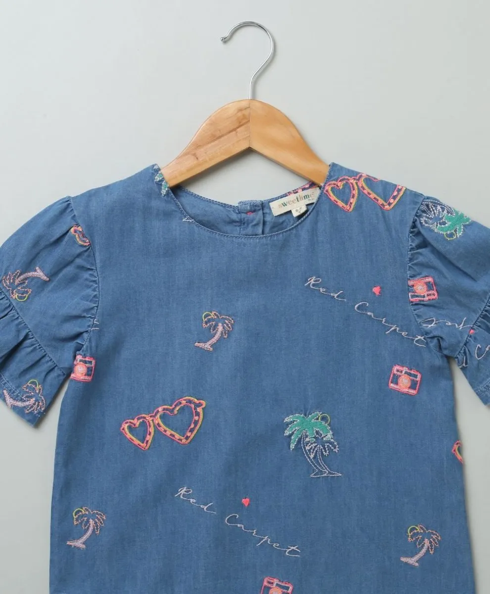 Sweetlime By AS Cotton Denim Blouse with Palm Tree and Neon Heart Embroidery.