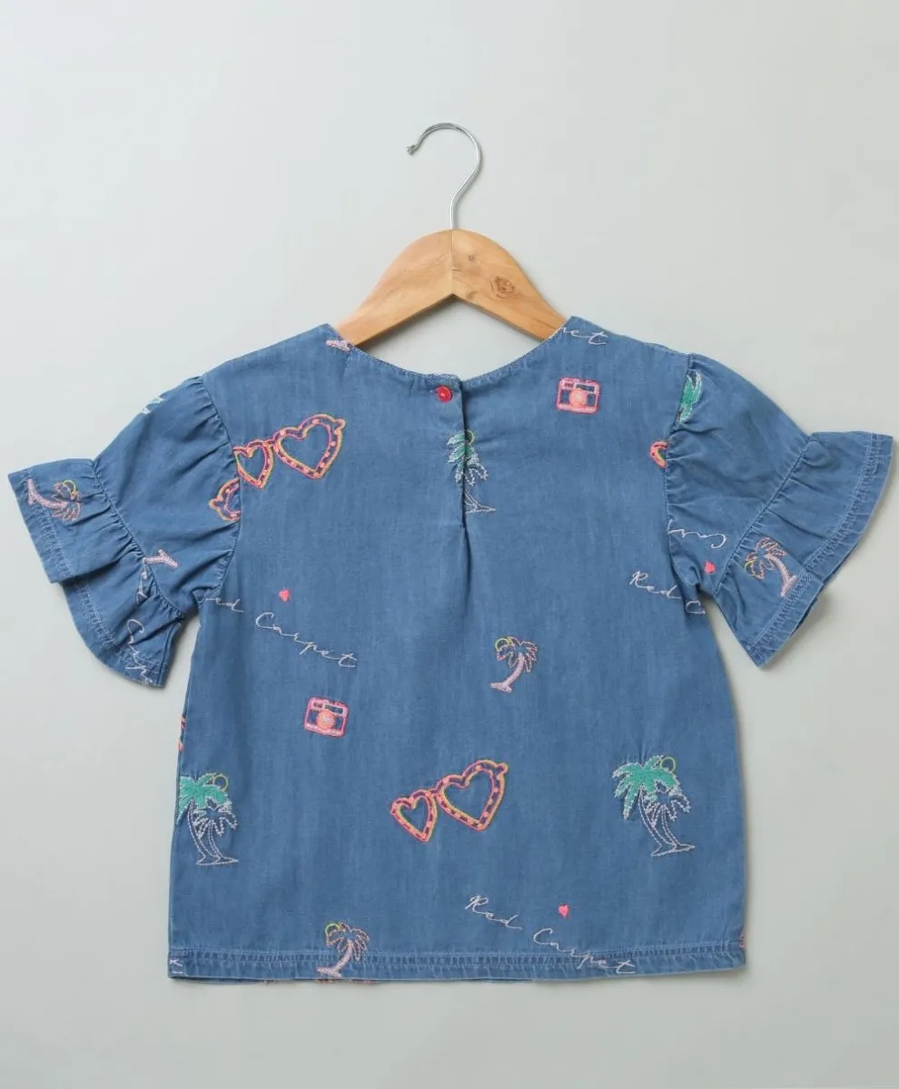 Sweetlime By AS Cotton Denim Blouse with Palm Tree and Neon Heart Embroidery.