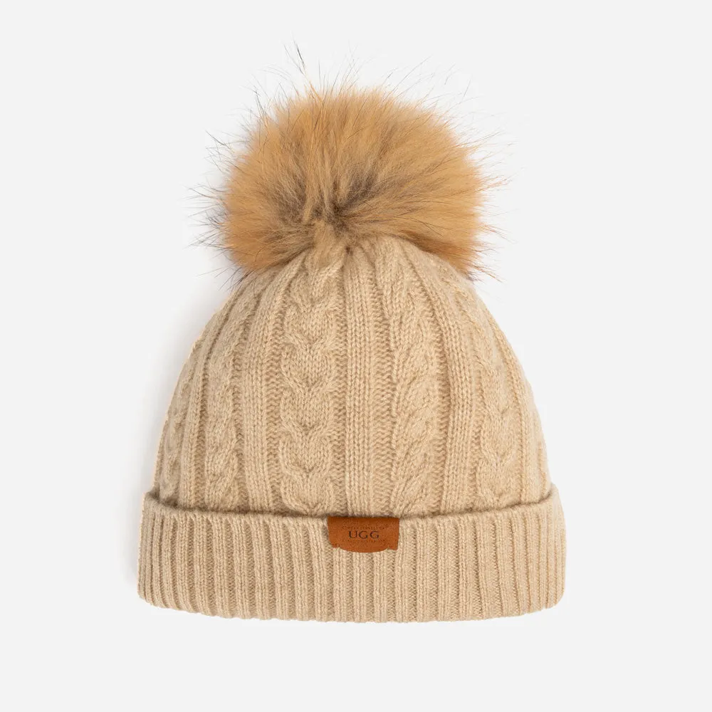 Ugg Cable Knit Pure Cashmere Beanie With Detachable Pom Pom (Raccoon)