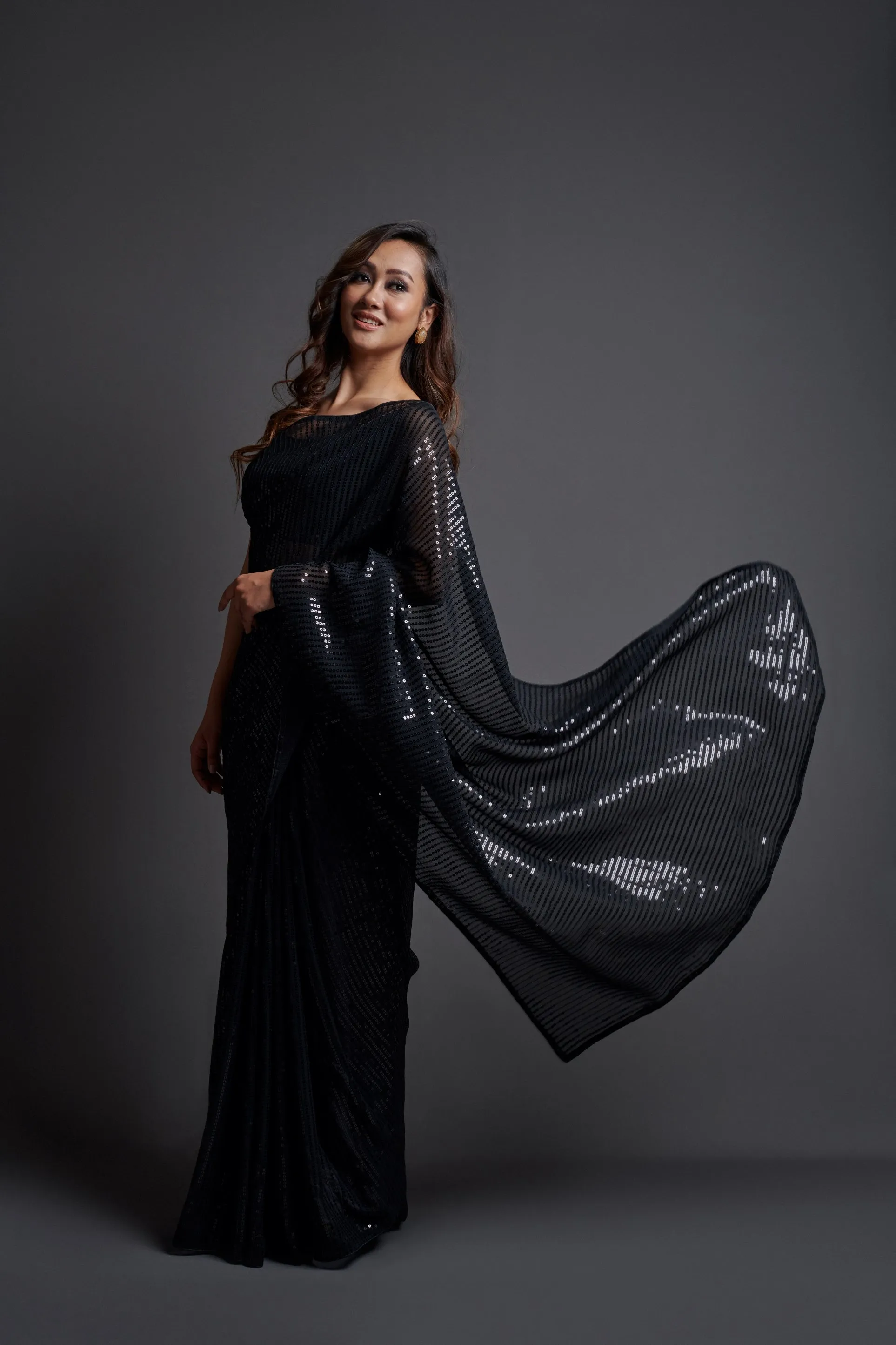 Women Party Wear Designer Black Colour Heavy Georgette Fabric Sequence Embroidery Worked Saree Collection