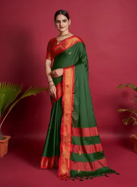 Women Party Wear Plain Banarasi Silk Green colour Saree with Zari Border Work