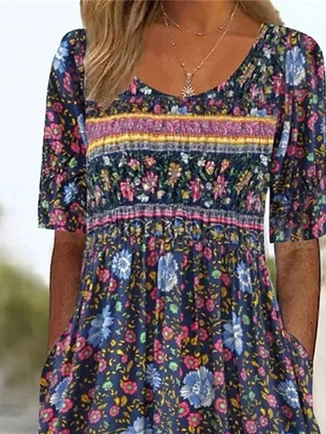 Women's Casual Dress Summer Dress Boho Dress Floral Ruched Pocket Crew Neck Midi Dress Fashion Modern Outdoor Daily Short Sleeve Regular Fit Pink Dark Blue Light Blue Summer Spring S M L XL XXL