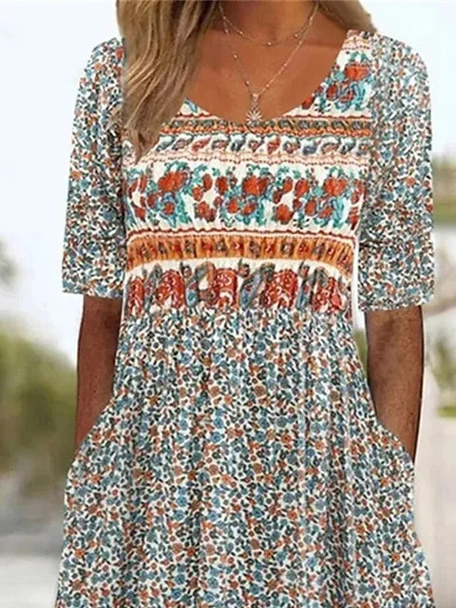 Women's Casual Dress Summer Dress Boho Dress Floral Ruched Pocket Crew Neck Midi Dress Fashion Modern Outdoor Daily Short Sleeve Regular Fit Pink Dark Blue Light Blue Summer Spring S M L XL XXL