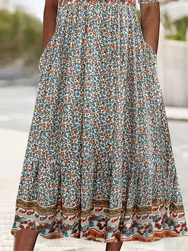 Women's Casual Dress Summer Dress Boho Dress Floral Ruched Pocket Crew Neck Midi Dress Fashion Modern Outdoor Daily Short Sleeve Regular Fit Pink Dark Blue Light Blue Summer Spring S M L XL XXL