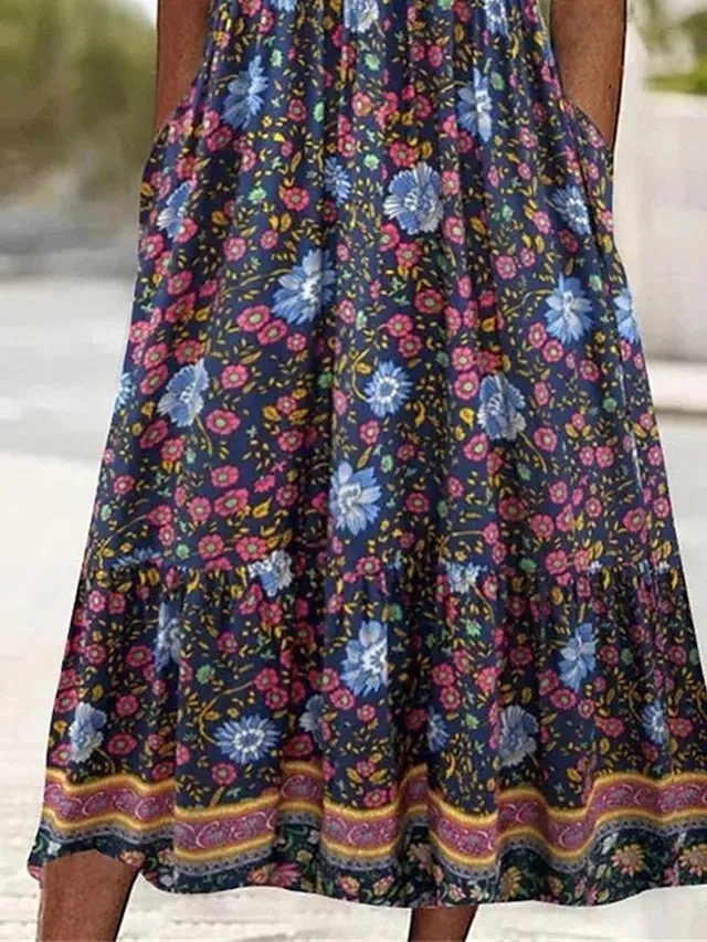 Women's Casual Dress Summer Dress Boho Dress Floral Ruched Pocket Crew Neck Midi Dress Fashion Modern Outdoor Daily Short Sleeve Regular Fit Pink Dark Blue Light Blue Summer Spring S M L XL XXL