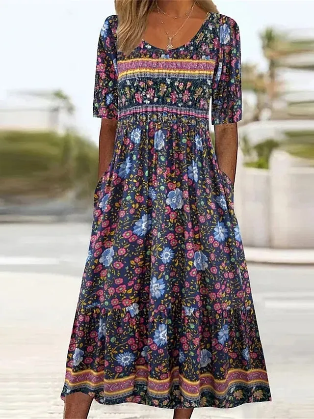 Women's Casual Dress Summer Dress Boho Dress Floral Ruched Pocket Crew Neck Midi Dress Fashion Modern Outdoor Daily Short Sleeve Regular Fit Pink Dark Blue Light Blue Summer Spring S M L XL XXL