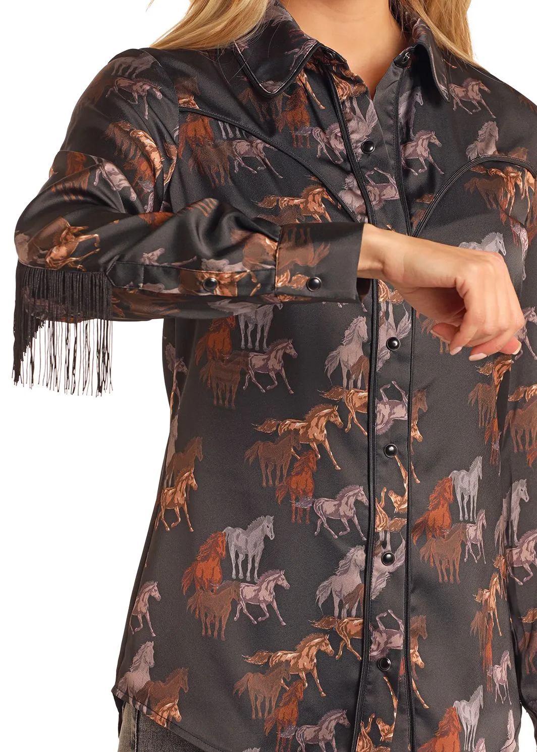 Women's Rock & Roll Satin Horse Print Snap Shirt