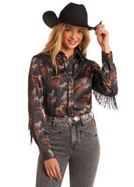 Women's Rock & Roll Satin Horse Print Snap Shirt