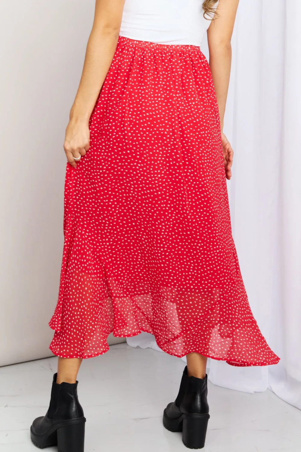 Zenana Polka Dot Ruffle Hem Midi Skirt